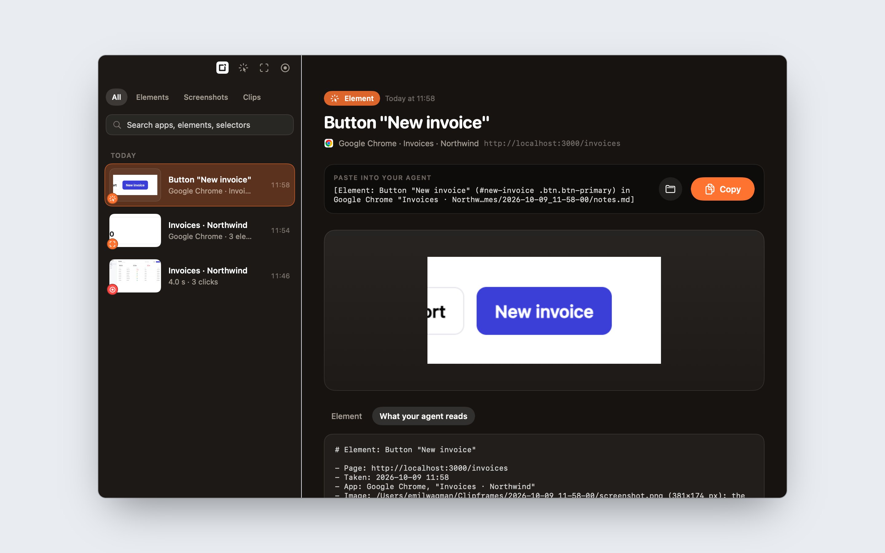 The Clipframes library: recent captures on the left, the selected one with its reference and notes on the right